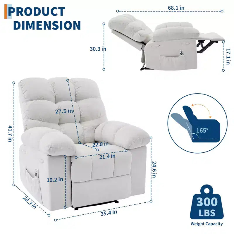 Fauteuil inclinable massant et chauffant pour adultes, canapé simple surdimensionné et rembourré, siège extra large et moelleux, pour salon et cinéma maison