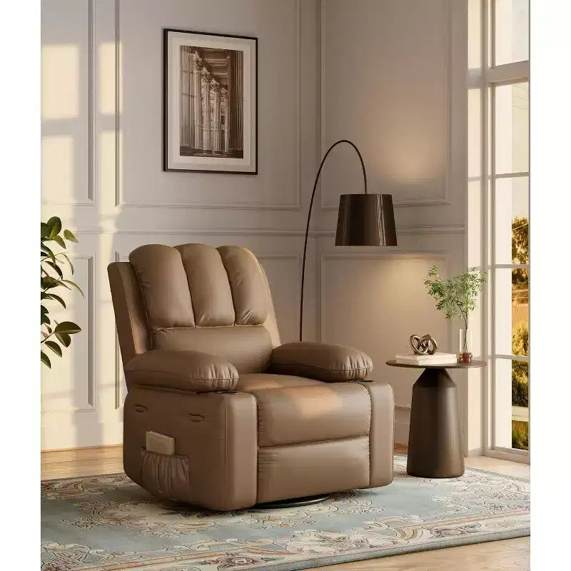 Fauteuil inclinable pivotant à bascule de 56 cm, inclinable paresseux en cuir PU avec éponge 1,5X, porte-gobelet et poches latérales, pivotant à 360° pour salon, chambre à coucher, chambre d'enfant