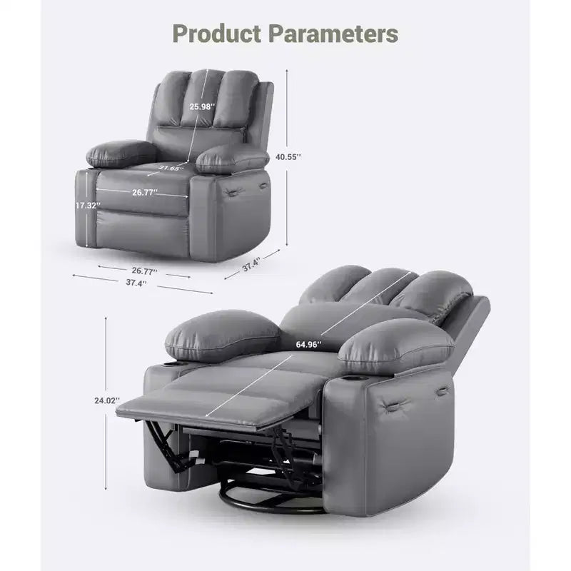 Fauteuil inclinable, pivotant à 360°, et basculant, en cuir PU, rembourré, avec porte-gobelets et poches latérales pour salon, chambre à coucher, chambre de bébé