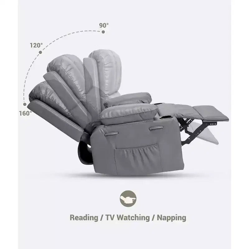Fauteuil inclinable, pivotant à 360°, et basculant, en cuir PU, rembourré, avec porte-gobelets et poches latérales pour salon, chambre à coucher, chambre de bébé