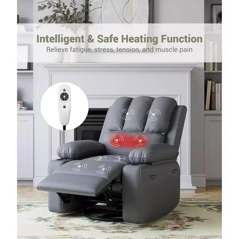 Fauteuil inclinable, pivotant à 360°, et basculant, en cuir PU, rembourré, avec porte-gobelets et poches latérales pour salon, chambre à coucher, chambre de bébé
