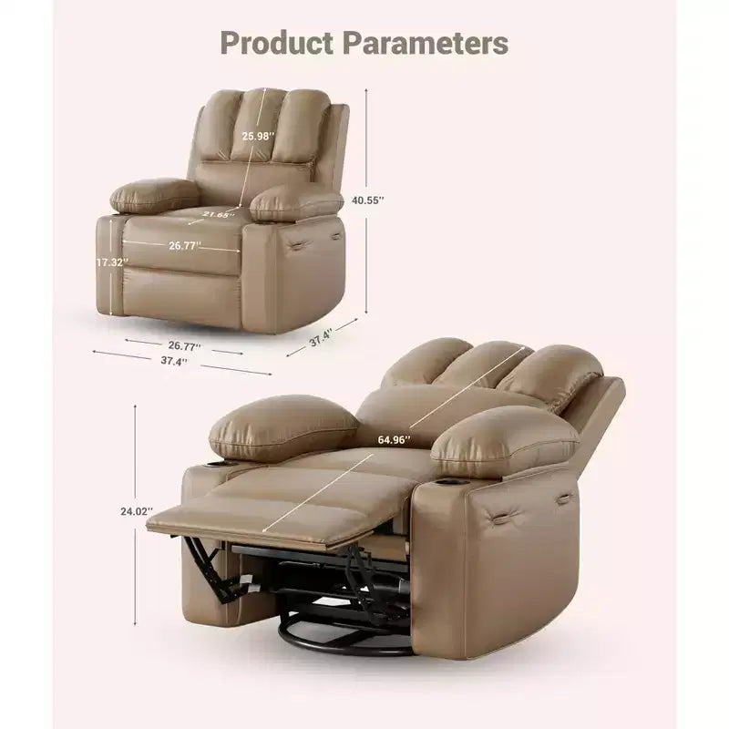 Fauteuil inclinable, pivotant à 360°, et basculant, en cuir PU, rembourré, avec porte-gobelets et poches latérales pour salon, chambre à coucher, chambre de bébé