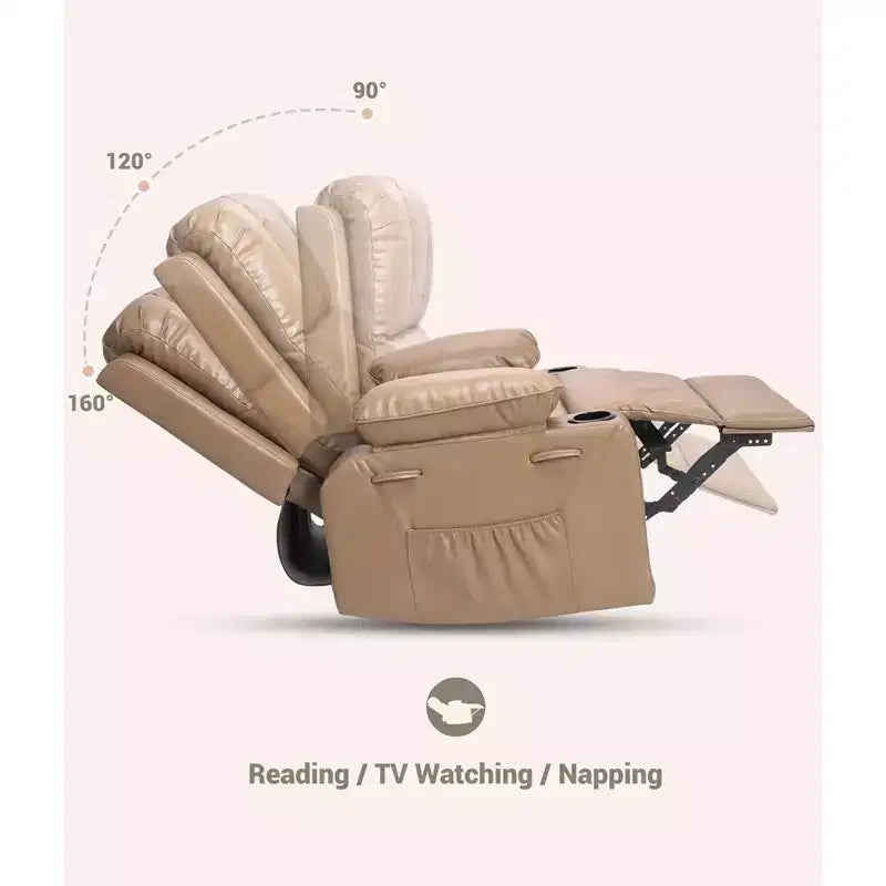 Fauteuil inclinable, pivotant à 360°, et basculant, en cuir PU, rembourré, avec porte-gobelets et poches latérales pour salon, chambre à coucher, chambre de bébé
