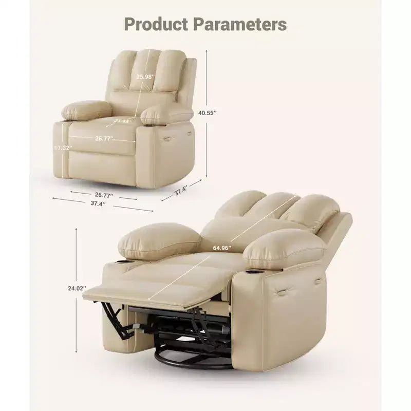 Fauteuil inclinable, pivotant à 360°, et basculant, en cuir PU, rembourré, avec porte-gobelets et poches latérales pour salon, chambre à coucher, chambre de bébé