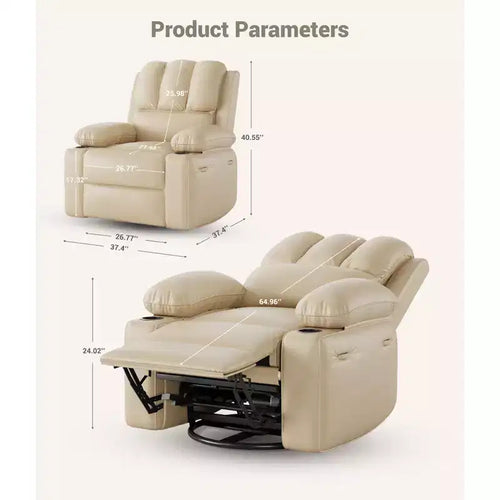 Fauteuil inclinable, pivotant à 360°, et basculant, en cuir PU, rembourré, avec porte-gobelets et poches latérales pour salon, chambre à coucher, chambre de bébé