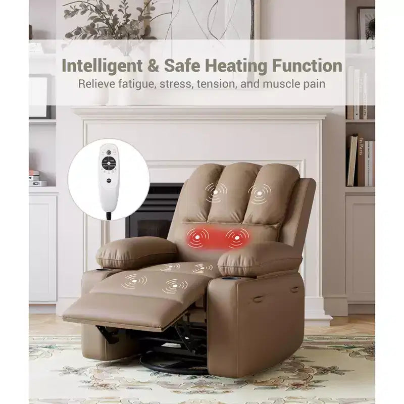 Fauteuil inclinable, pivotant à 360°, et basculant, en cuir PU, rembourré, avec porte-gobelets et poches latérales pour salon, chambre à coucher, chambre de bébé