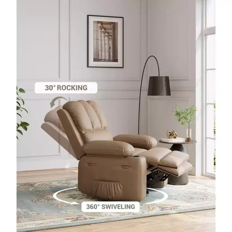 Fauteuil inclinable, pivotant à 360°, et basculant, en cuir PU, rembourré, avec porte-gobelets et poches latérales pour salon, chambre à coucher, chambre de bébé