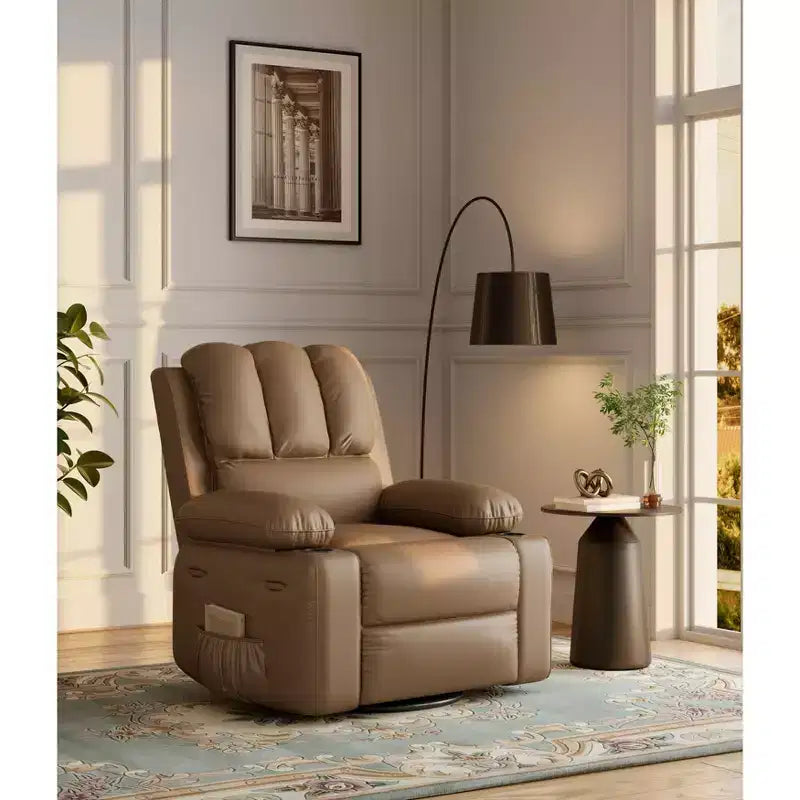 Fauteuil inclinable, pivotant à 360°, et basculant, en cuir PU, rembourré, avec porte-gobelets et poches latérales pour salon, chambre à coucher, chambre de bébé