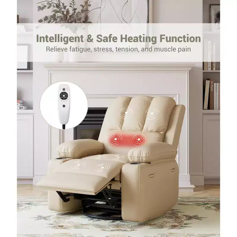 Fauteuil inclinable, pivotant à 360°, et basculant, en cuir PU, rembourré, avec porte-gobelets et poches latérales pour salon, chambre à coucher, chambre de bébé
