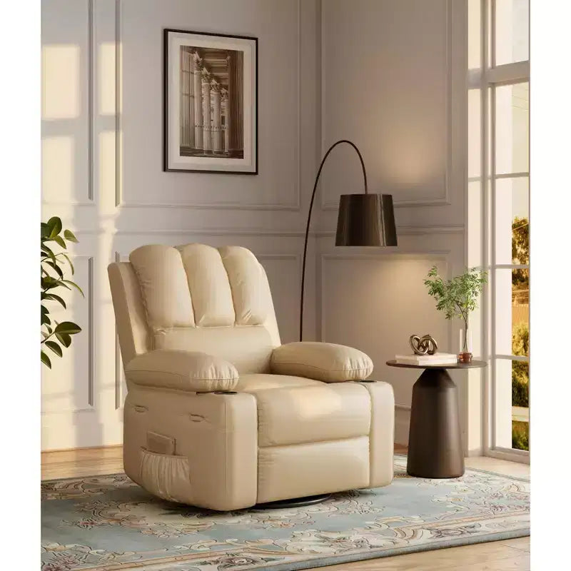 Fauteuil inclinable, pivotant à 360°, et basculant, en cuir PU, rembourré, avec porte-gobelets et poches latérales pour salon, chambre à coucher, chambre de bébé