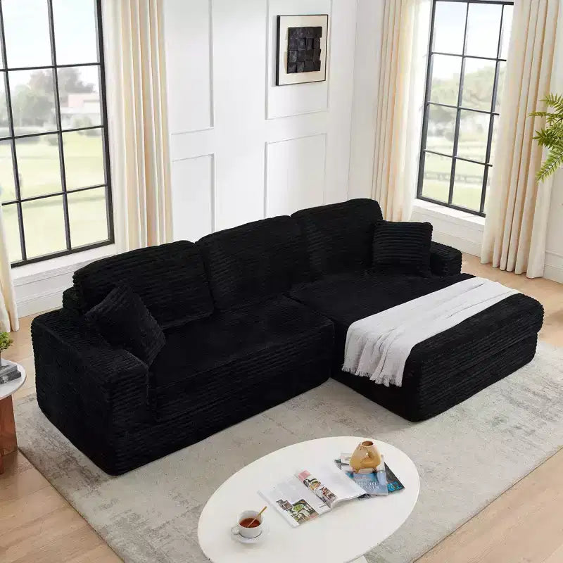 Canapé d'angle modulable en velours côtelé noir, convertible pour salon
