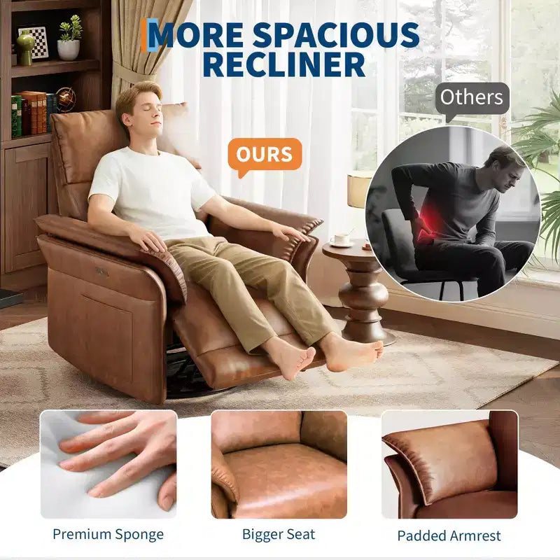 Fauteuil inclinable en cuir PU pour salon - Fauteuil à bascule pivotant à 270°, inclinaison réglable, accoudoirs double couche, canapé individuel grand et confortable