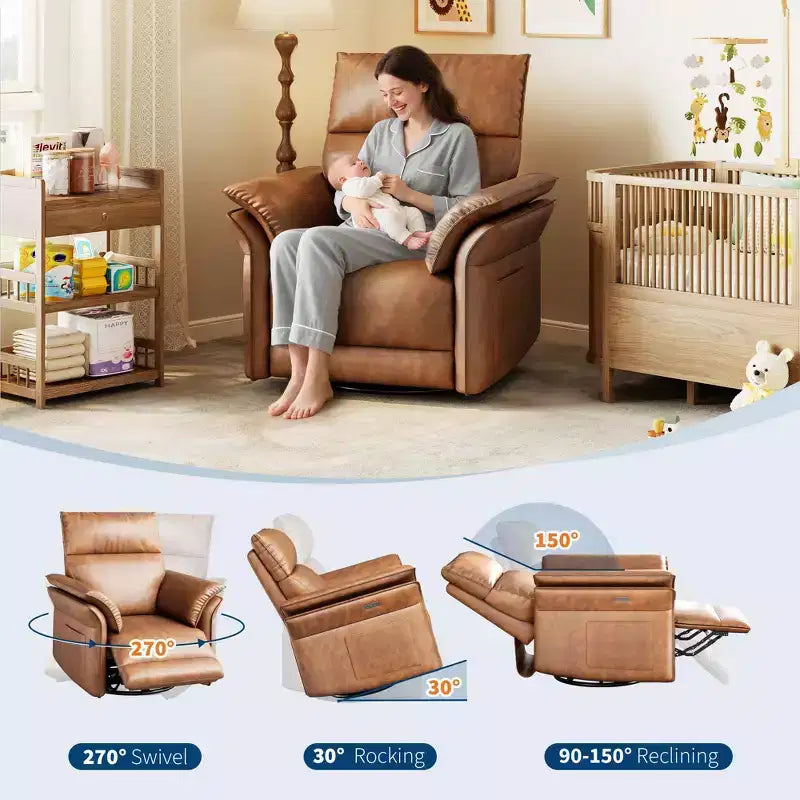 Fauteuil inclinable en cuir PU pour salon - Fauteuil à bascule pivotant à 270°, inclinaison réglable, accoudoirs double couche, canapé individuel grand et confortable