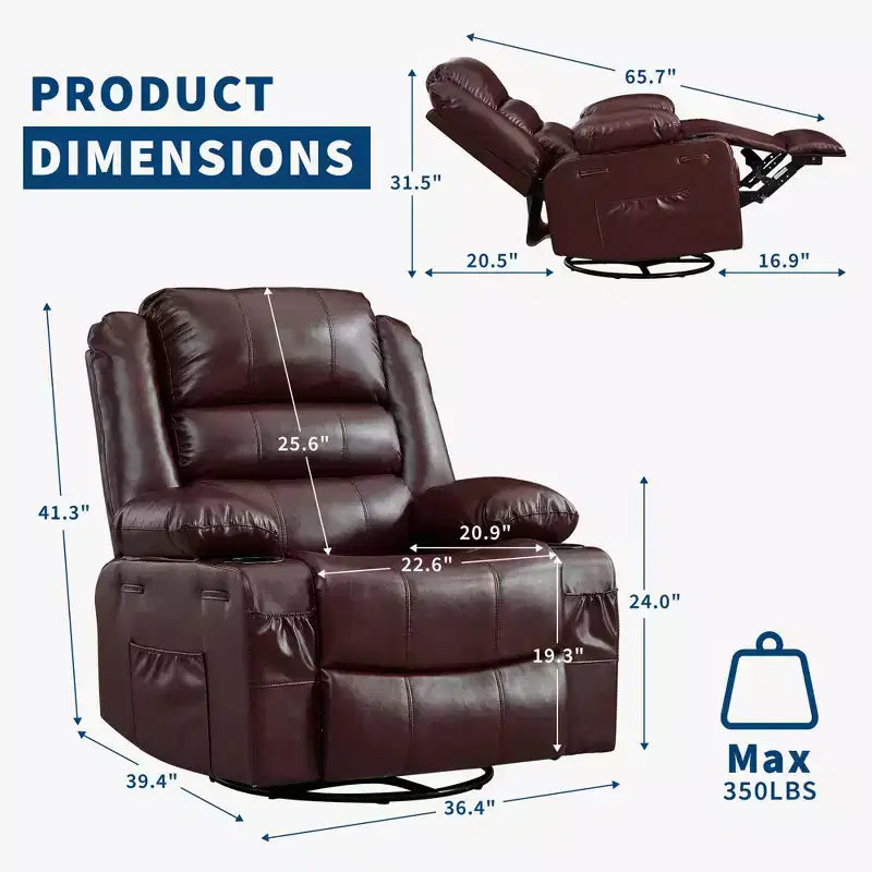 Fauteuil inclinable, pivotant et à bascule à 360° pour adultes, planeur de nurserie large en cuir PU avec porte-gobelet, canapé simple confortable à assise profonde pour le salon