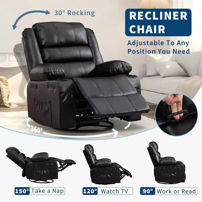 Fauteuil inclinable, pivotant et à bascule à 360° pour adultes, planeur de nurserie large en cuir PU avec porte-gobelet, canapé simple confortable à assise profonde pour le salon
