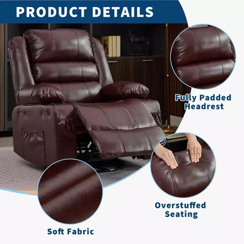 Fauteuil inclinable, pivotant et à bascule à 360° pour adultes, planeur de nurserie large en cuir PU avec porte-gobelet, canapé simple confortable à assise profonde pour le salon