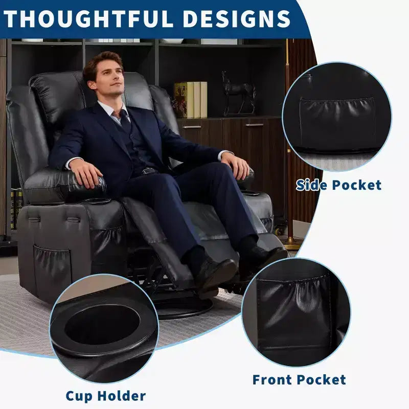 Fauteuil inclinable, pivotant et à bascule à 360° pour adultes, planeur de nurserie large en cuir PU avec porte-gobelet, canapé simple confortable à assise profonde pour le salon