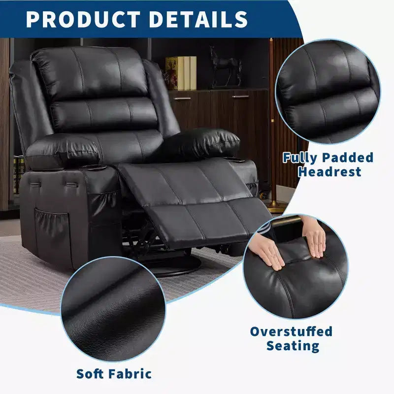 Fauteuil inclinable, pivotant et à bascule à 360° pour adultes, planeur de nurserie large en cuir PU avec porte-gobelet, canapé simple confortable à assise profonde pour le salon
