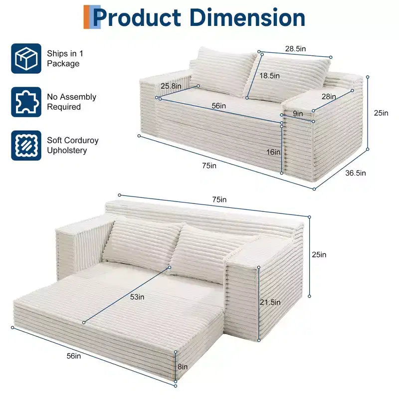 Canapé convertible 2 places de 75 pouces, futon avec 2 oreillers, canapé-lit sans cadre pour salon et chambre à coucher, aucun assemblage requis