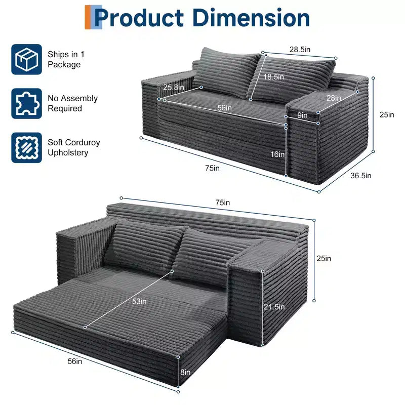 Canapé convertible 2 places de 75 pouces, futon avec 2 oreillers, canapé-lit sans cadre pour salon et chambre à coucher, aucun assemblage requis