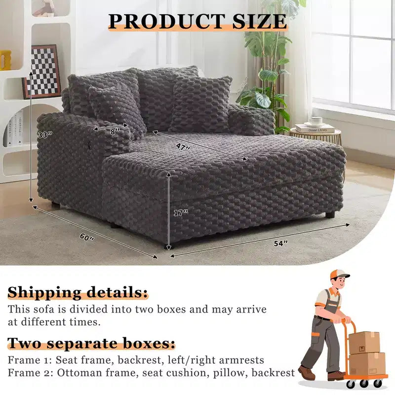 Chaise longue surdimensionnée de 152 cm avec porte-gobelets et ports USB, canapé-lit rembourré pour la lecture - Gris