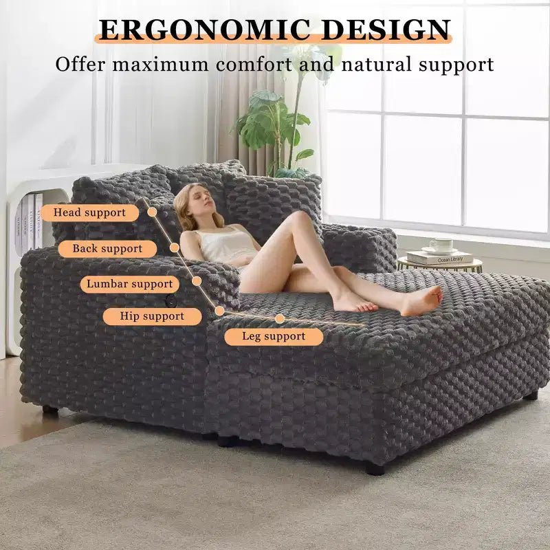 Chaise longue surdimensionnée de 152 cm avec porte-gobelets et ports USB, canapé-lit rembourré pour la lecture - Gris