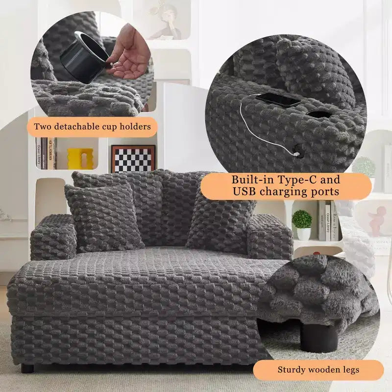 Chaise longue surdimensionnée de 152 cm avec porte-gobelets et ports USB, canapé-lit rembourré pour la lecture - Gris
