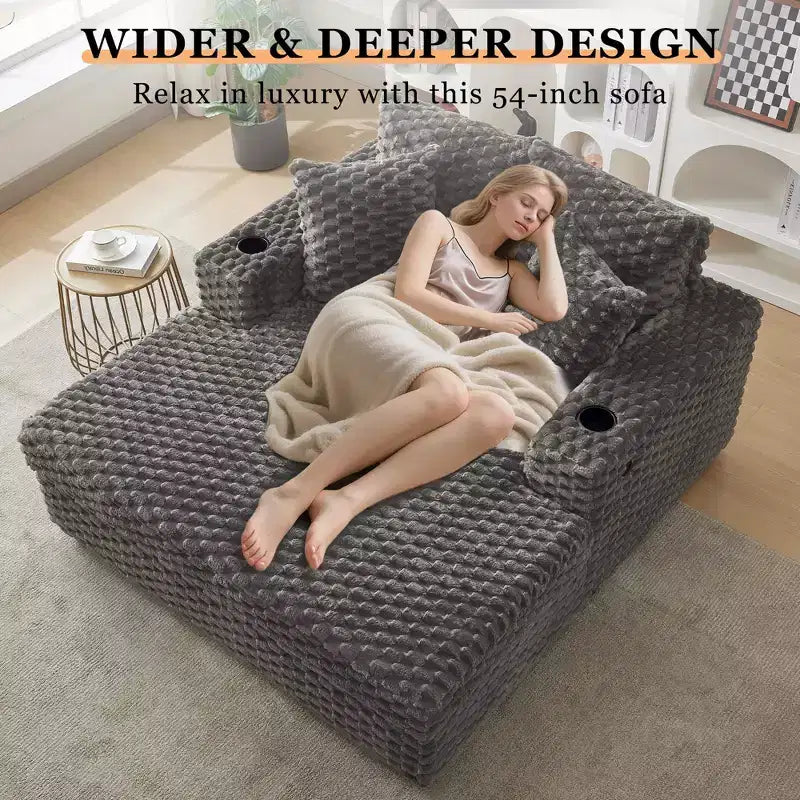 Chaise longue surdimensionnée de 152 cm avec porte-gobelets et ports USB, canapé-lit rembourré pour la lecture - Gris
