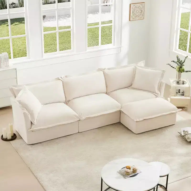 Canapé d'angle confortable en L, canapé nuage surdimensionné avec pouf convertible pour salon