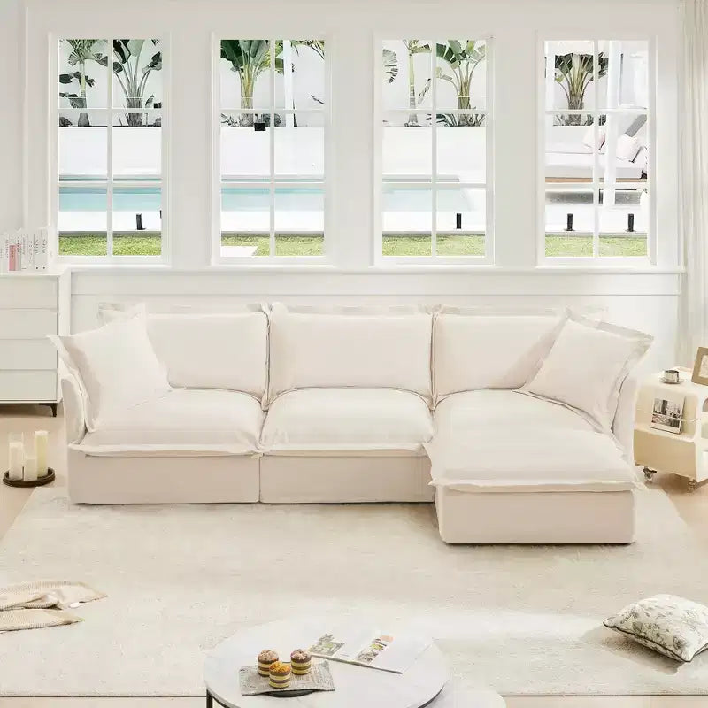 Canapé d'angle confortable en L, canapé nuage surdimensionné avec pouf convertible pour salon