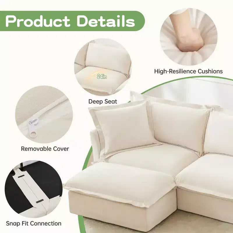Canapé d'angle confortable en L, canapé nuage surdimensionné avec pouf convertible pour salon