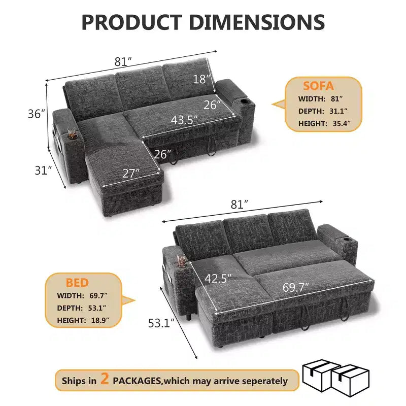 Canapé-lit Dyonery, canapé convertible 82" avec dossier inclinable/méridienne de rangement réversible, canapé d'angle 3-en-1, assemblage sans outils