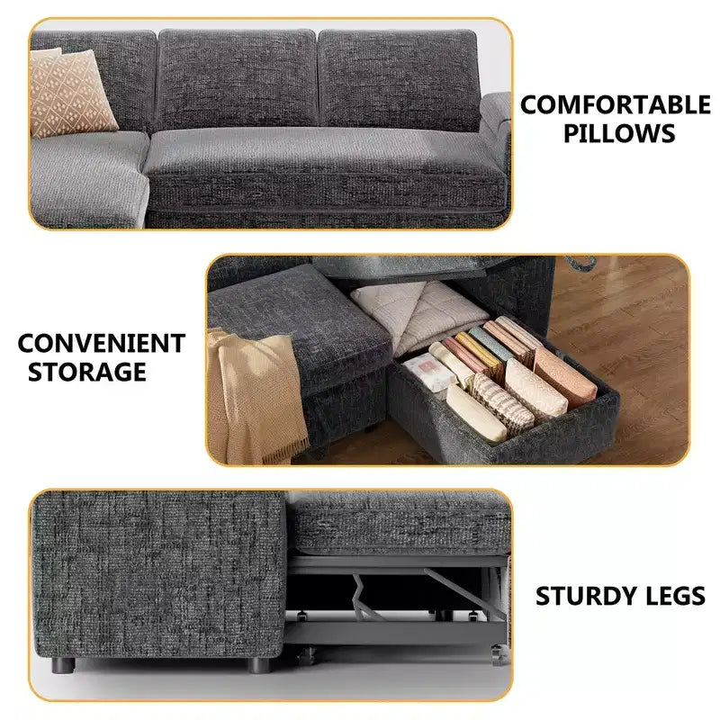 Canapé-lit Dyonery, canapé convertible 82" avec dossier inclinable/méridienne de rangement réversible, canapé d'angle 3-en-1, assemblage sans outils