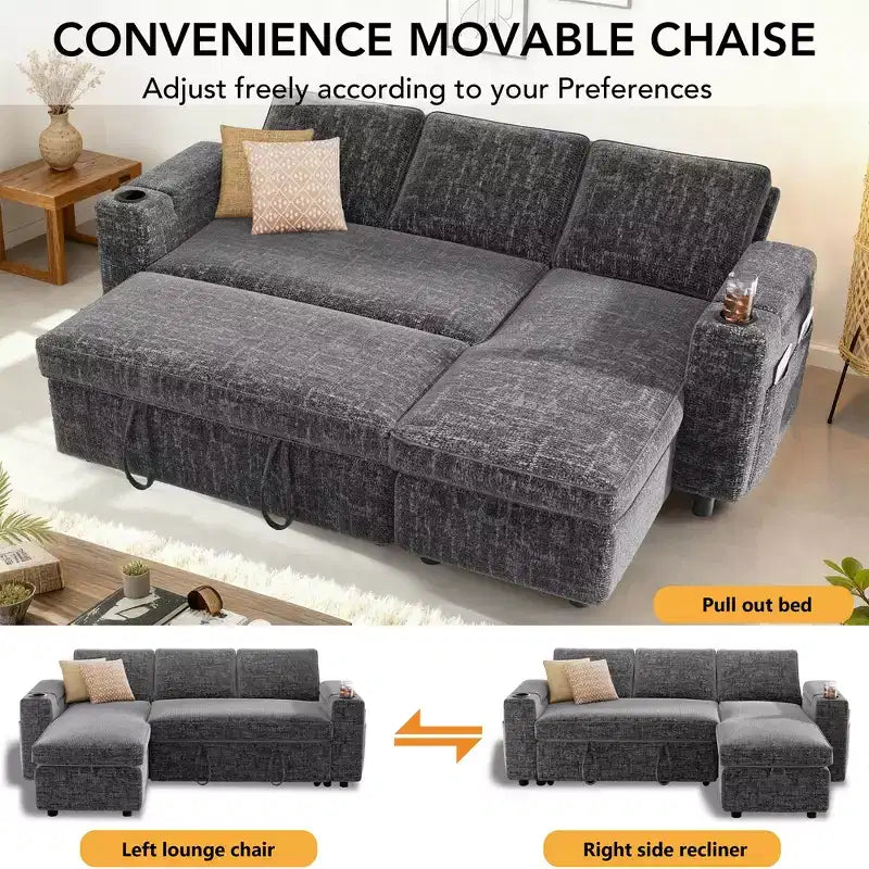 Canapé-lit Dyonery, canapé convertible 82" avec dossier inclinable/méridienne de rangement réversible, canapé d'angle 3-en-1, assemblage sans outils