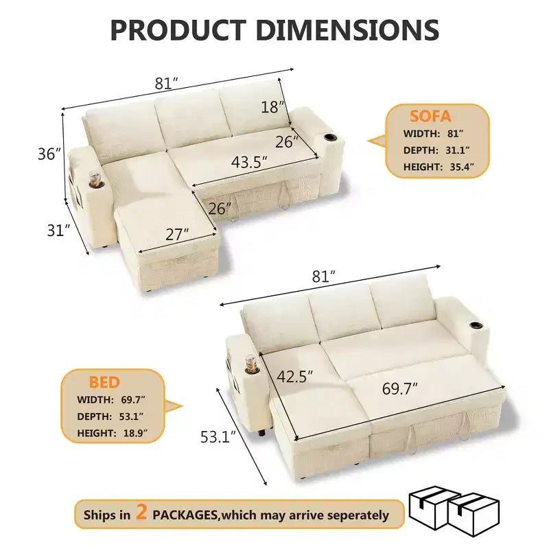Canapé-lit Dyonery, canapé convertible 82" avec dossier inclinable/méridienne de rangement réversible, canapé d'angle 3-en-1, assemblage sans outils