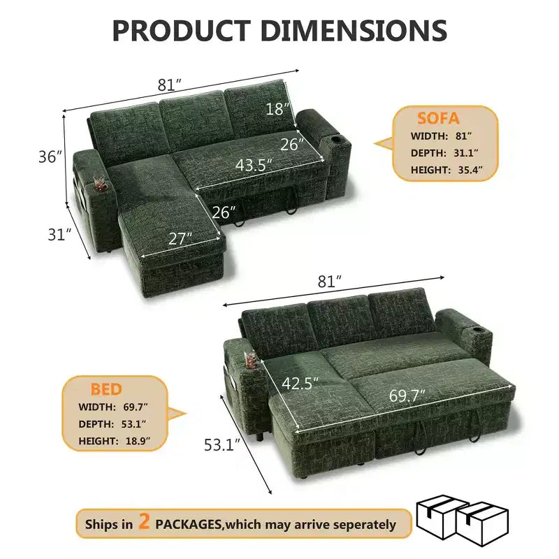 Canapé-lit Dyonery, canapé convertible 82" avec dossier inclinable/méridienne de rangement réversible, canapé d'angle 3-en-1, assemblage sans outils