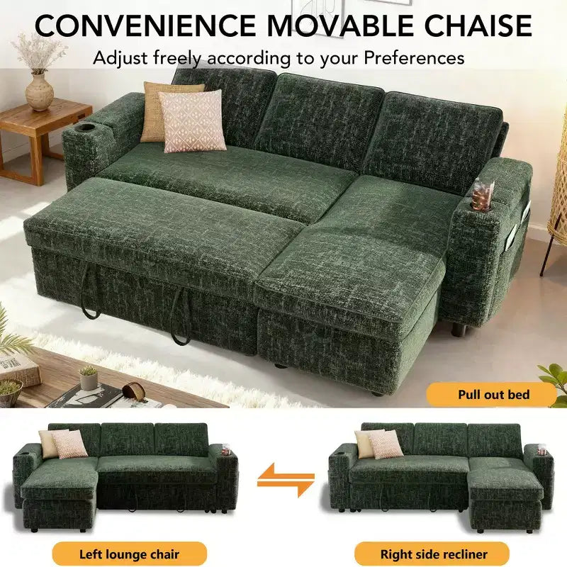 Canapé-lit Dyonery, canapé convertible 82" avec dossier inclinable/méridienne de rangement réversible, canapé d'angle 3-en-1, assemblage sans outils