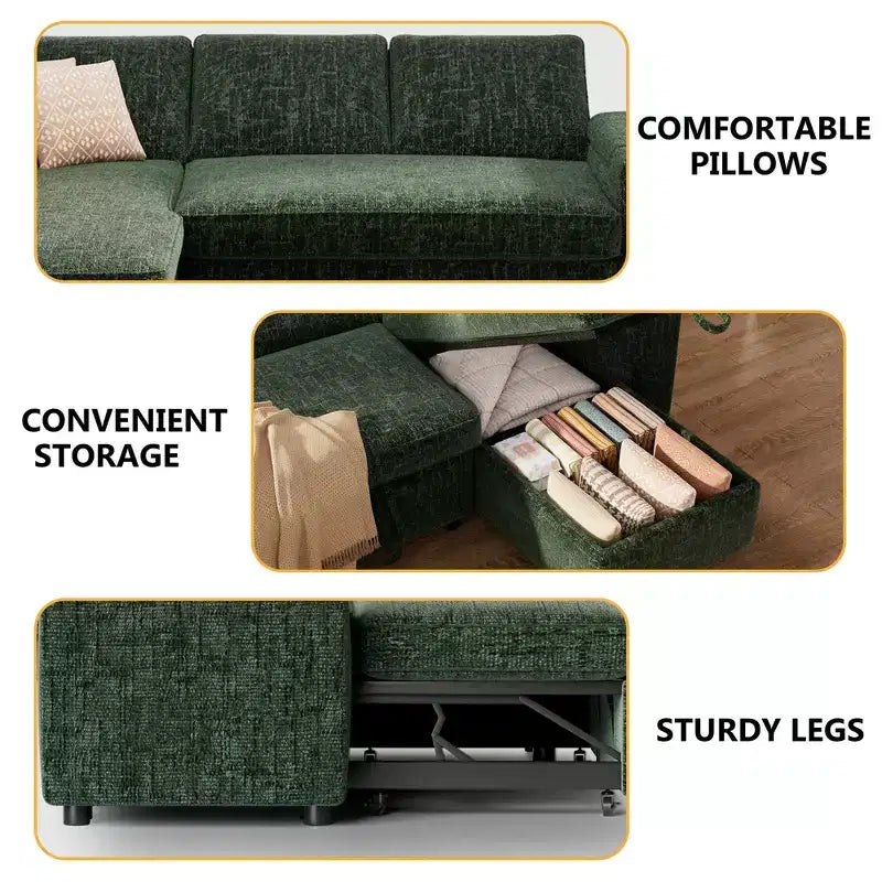 Canapé-lit Dyonery, canapé convertible 82" avec dossier inclinable/méridienne de rangement réversible, canapé d'angle 3-en-1, assemblage sans outils
