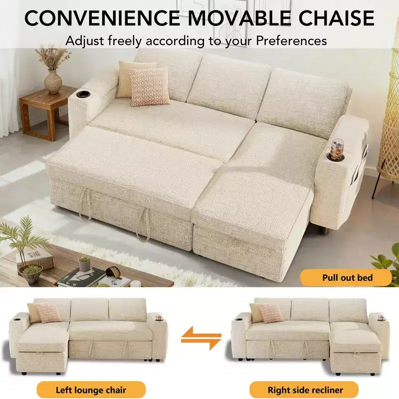 Canapé-lit Dyonery, canapé convertible 82" avec dossier inclinable/méridienne de rangement réversible, canapé d'angle 3-en-1, assemblage sans outils