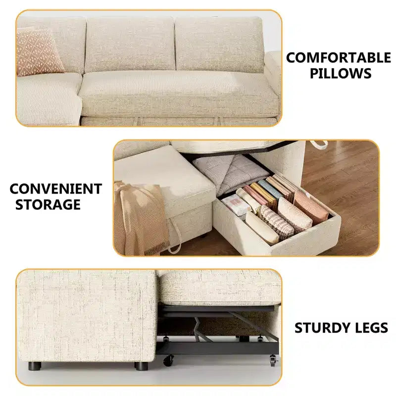 Canapé-lit Dyonery, canapé convertible 82" avec dossier inclinable/méridienne de rangement réversible, canapé d'angle 3-en-1, assemblage sans outils
