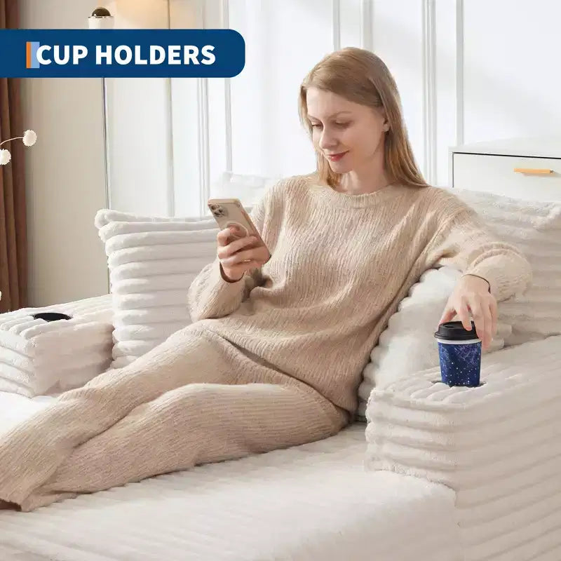 Fauteuil inclinable surdimensionné en velours côtelé de 163 cm, canapé-lit sans cadre avec porte-gobelets et 2 oreillers, aucun assemblage requis