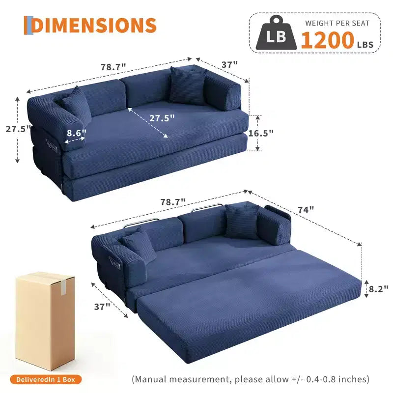 Canapé-lit convertible 5-en-1 en velours côtelé avec oreillers, futon pliant 79 po avec cadre fixe et accoudoirs amovibles pour petits espaces, aucun assemblage requis