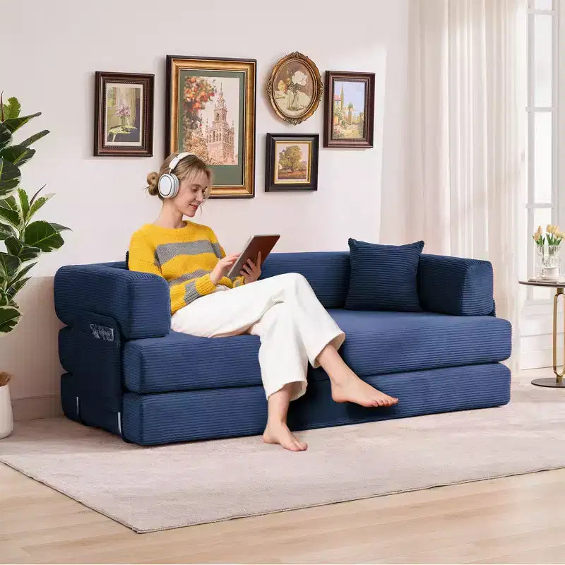 Canapé-lit convertible 5-en-1 en velours côtelé avec oreillers, futon pliant 79 po avec cadre fixe et accoudoirs amovibles pour petits espaces, aucun assemblage requis