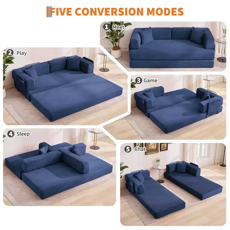 Canapé-lit convertible 5-en-1 en velours côtelé avec oreillers, futon pliant 79 po avec cadre fixe et accoudoirs amovibles pour petits espaces, aucun assemblage requis