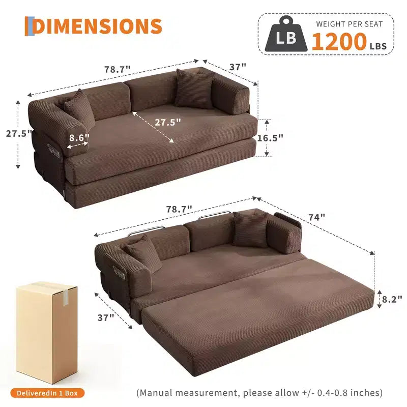 Canapé-lit convertible 5-en-1 en velours côtelé avec oreillers, futon pliant 79 po avec cadre fixe et accoudoirs amovibles pour petits espaces, aucun assemblage requis