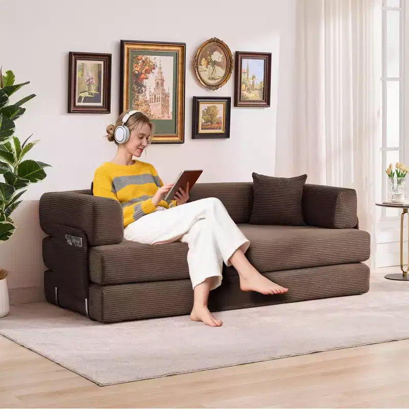 Canapé-lit convertible 5-en-1 en velours côtelé avec oreillers, futon pliant 79 po avec cadre fixe et accoudoirs amovibles pour petits espaces, aucun assemblage requis