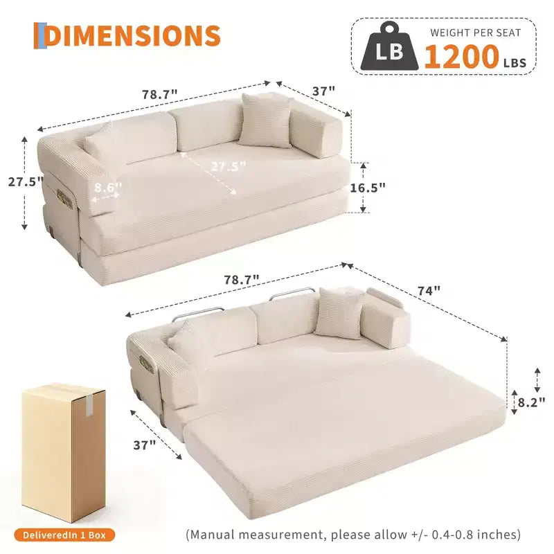 Canapé-lit convertible 5-en-1 en velours côtelé avec oreillers, futon pliant 79 po avec cadre fixe et accoudoirs amovibles pour petits espaces, aucun assemblage requis