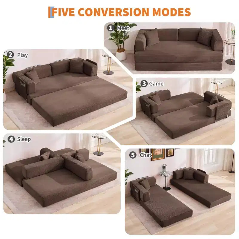 Canapé-lit convertible 5-en-1 en velours côtelé avec oreillers, futon pliant 79 po avec cadre fixe et accoudoirs amovibles pour petits espaces, aucun assemblage requis