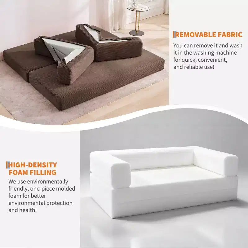 Canapé-lit convertible 5-en-1 en velours côtelé avec oreillers, futon pliant 79 po avec cadre fixe et accoudoirs amovibles pour petits espaces, aucun assemblage requis