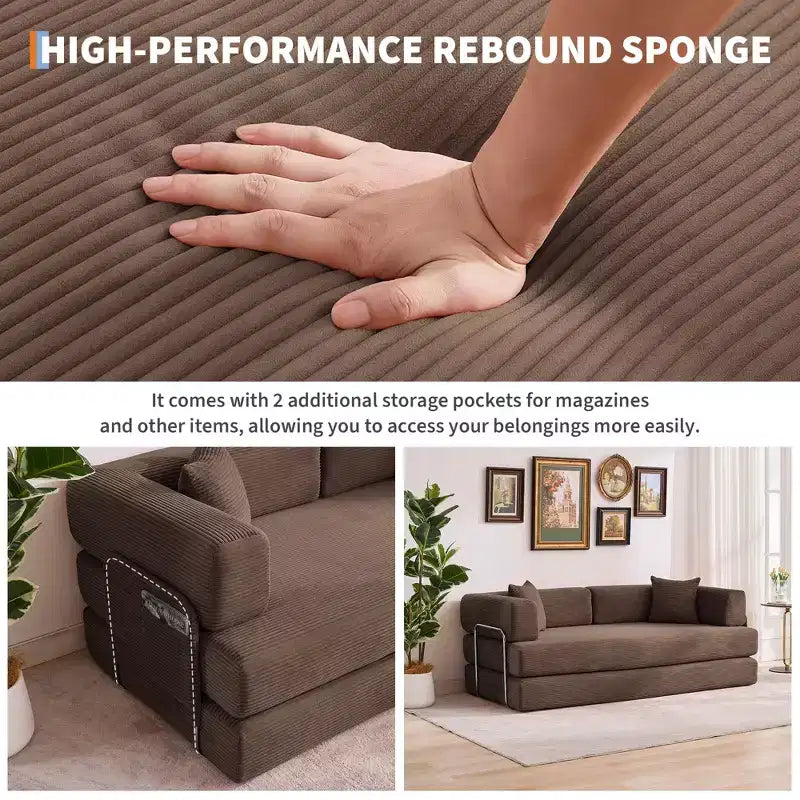 Canapé-lit convertible 5-en-1 en velours côtelé avec oreillers, futon pliant 79 po avec cadre fixe et accoudoirs amovibles pour petits espaces, aucun assemblage requis